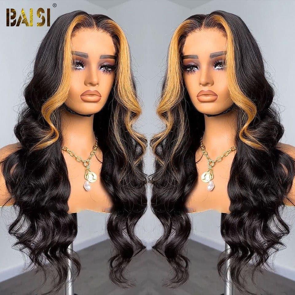 BAISI 4x4-Verschluss, gewellte Perücke in Farbe 1b, Strähnen Nr. 27, vorgezupft, kein Kleber erforderlich, aus 100 % Rohhaar, Spitze bereits geschnitten