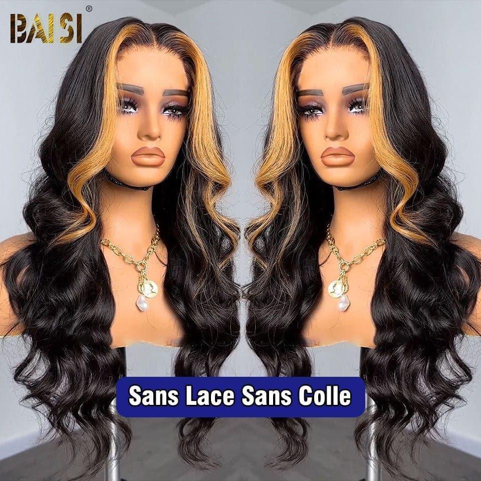 BAISI 4x4-Verschluss, gewellte Perücke in Farbe 1b, Strähnen Nr. 27, vorgezupft, kein Kleber erforderlich, aus 100 % Rohhaar, Spitze bereits geschnitten