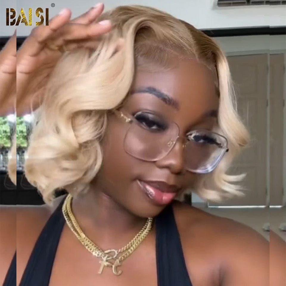 BAISI 13X4 Bob Body Wave Perücke in Blond #4T613, vorgezupft, kein Kleber erforderlich, in 100 % Rohhaar, Spitze bereits geschnitten