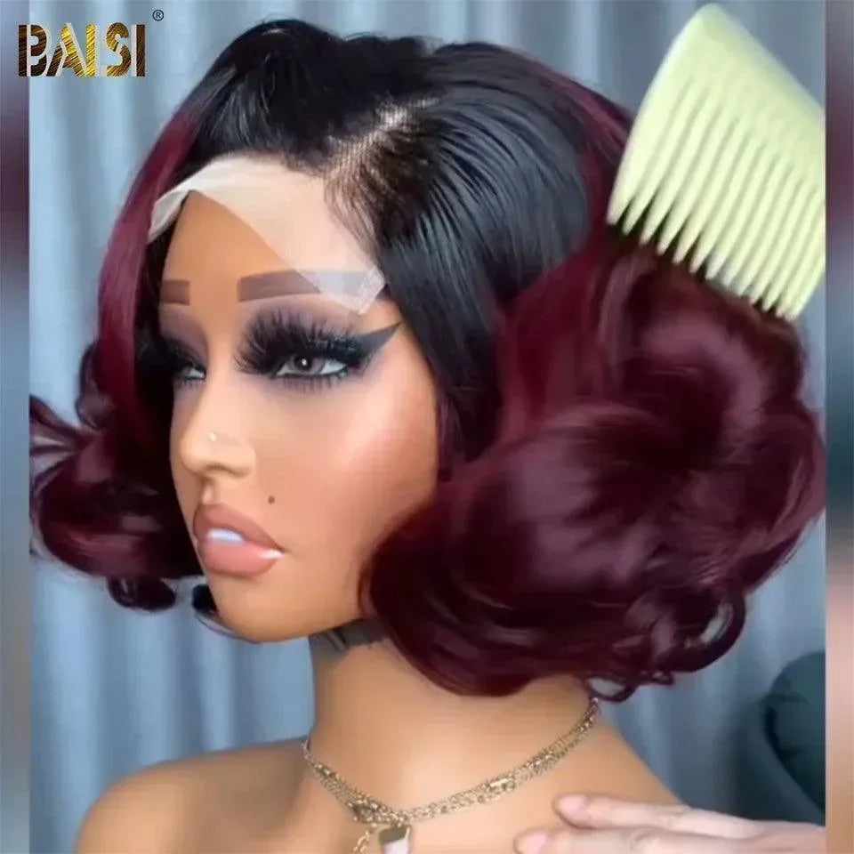 BAISI Grande Promo 4x4 Frontale Lace Perruque BOB boucles en Couleur 1B/99J# Bordeaux En 100% Cheveux Humains D
