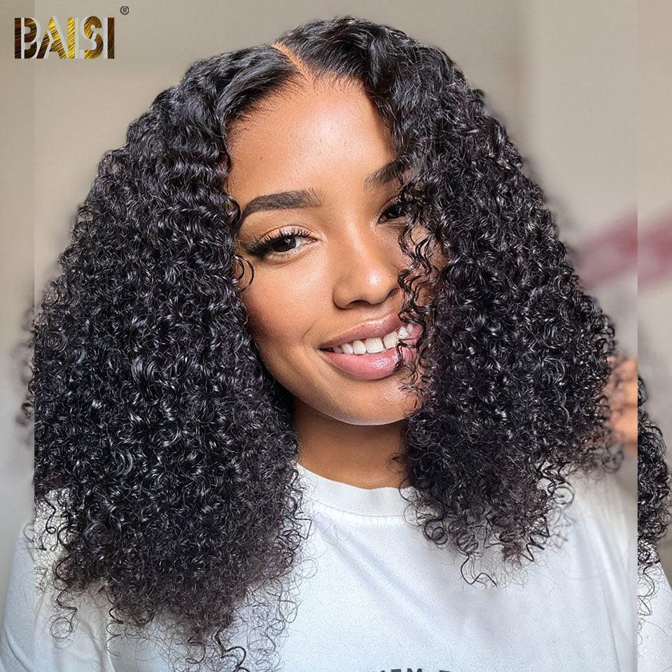 BAISI 4x4 Perruque Bob Curly moitié prix en Noir Sans Colle Lace déjà couper Facile à Porter en 100% Cheveux Humains D MP50