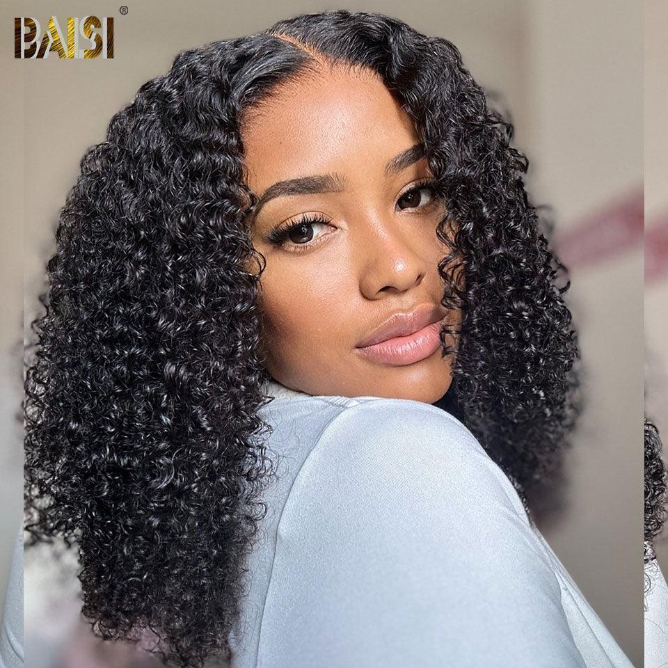 BAISI 4x4 Perruque Bob Curly moitié prix en Noir Sans Colle Lace déjà couper Facile à Porter en 100% Cheveux Humains D MP50