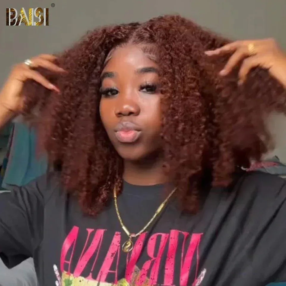 Parrucca bob riccia 4x4 BAISI in marrone #4 Taglio frontale in pizzo senza colla, facile da indossare, capelli umani al 100%