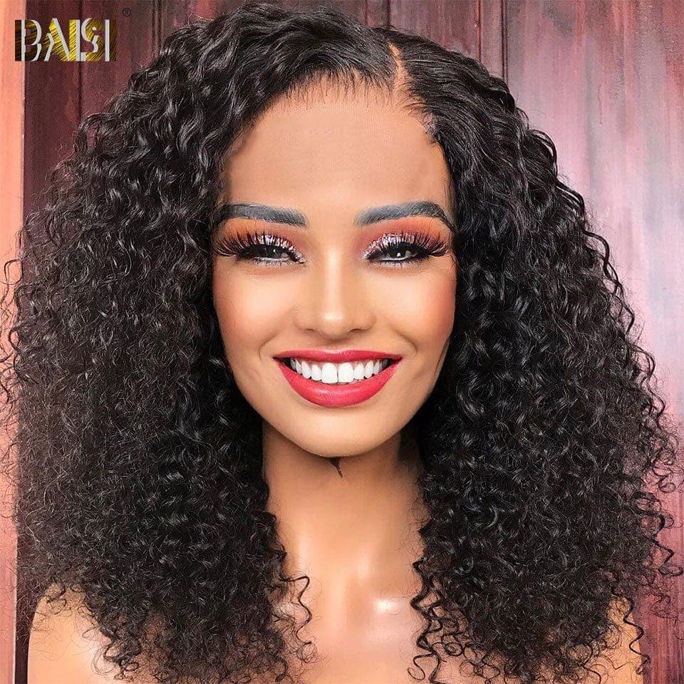 BAISI 13x4 Perruque Bob Curly en Noir Sans Colle Lace déjà couper Facile à Porter en 100% Cheveux Humains