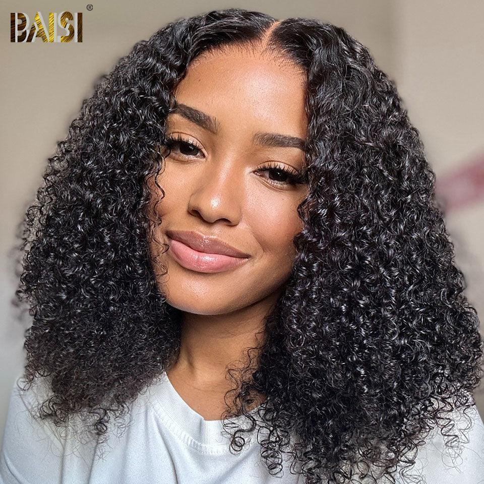BAISI 4x4 Perruque Bob Curly moitié prix en Noir Sans Colle Lace déjà couper Facile à Porter en 100% Cheveux Humains D MP50
