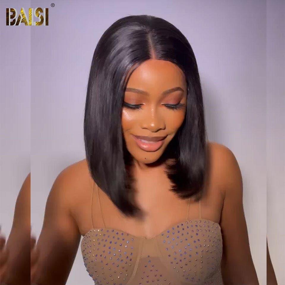 BAISI 4x4 Perruque Bob Lisse 10 Pouce 88€ en Noir Sans Colle Lace déjà couper Facile à Porter en 100% Cheveux Humains D