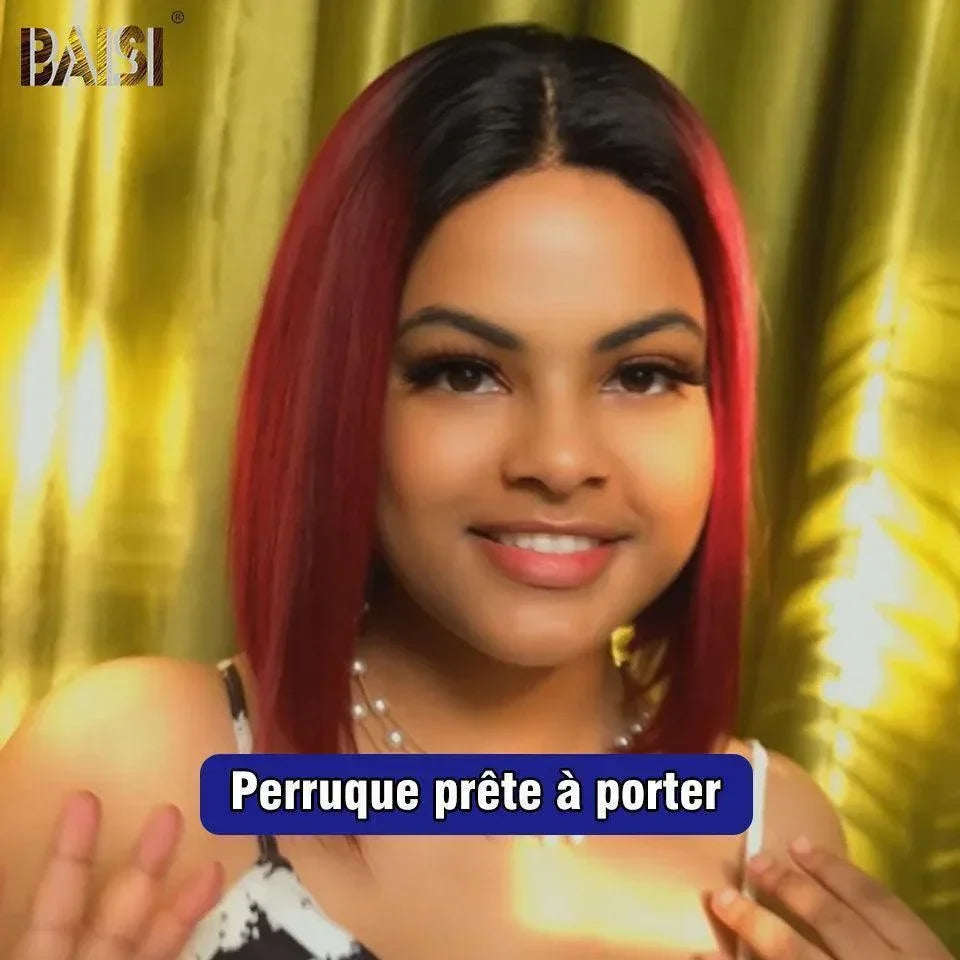 BAISI 4X4 Perruque Bob Lisse En Bordeaux 1B99J Pré-plucked Pas Besoin de Colle en 100% Raw Hair Lace déjà couper