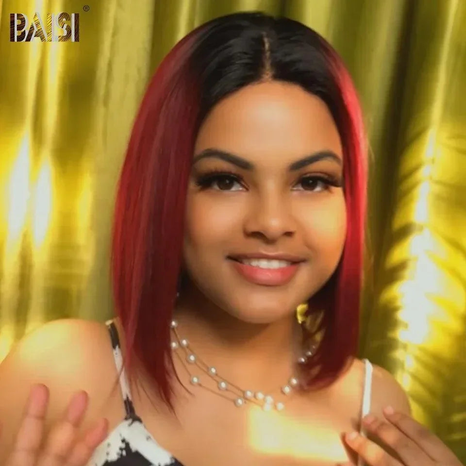 BAISI 4X4 Perruque Bob Lisse En Bordeaux 1B99J Pré-plucked Pas Besoin de Colle en 100% Raw Hair Lace déjà couper