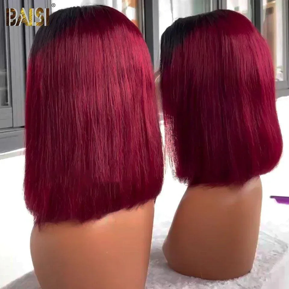 BAISI Achetez 2 perruques minimum au prix d'usine fournisseur 13x4 lisse en noir 10 pouce 68€ et 4x4 Perruque BOB Lisse Rouge Bordeaux 1B/99J Pré-plucked Pas Besoin de Colle en 100% Raw Hair Lace déjà couper (Pas Besoin de Code)