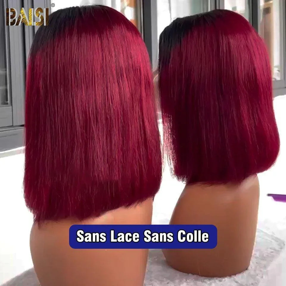 BAISI Achetez 2 perruques minimum au prix d'usine fournisseur 13x4 lisse en noir 10 pouce 68€ et 4x4 Perruque BOB Lisse Rouge Bordeaux 1B/99J Pré-plucked Pas Besoin de Colle en 100% Raw Hair Lace déjà couper (Pas Besoin de Code)