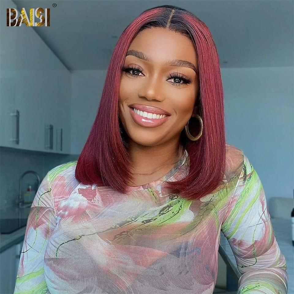 BAISI Achetez 2 perruques minimum au prix d'usine fournisseur 13x4 lisse en noir 10 pouce 68€ et 4x4 Perruque BOB Lisse Rouge Bordeaux 1B/99J Pré-plucked Pas Besoin de Colle en 100% Raw Hair Lace déjà couper (Pas Besoin de Code)