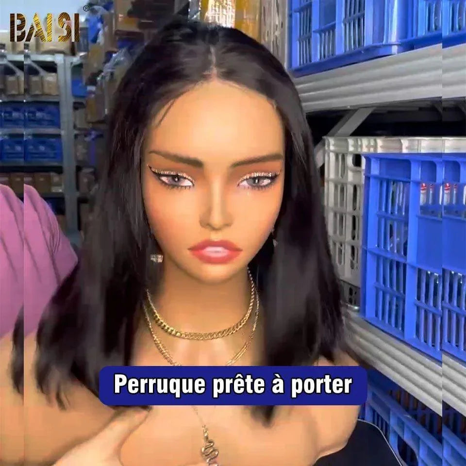 BAISI Achetez 2 perruques minimum au prix d'usine fournisseur en France TVA 0€ 48H arrivé 4x4 perruque bob Pré-plucked Pas Besoin de Colle en 100% Raw Hair Lace déjà couper (Pas Besoin de Code)