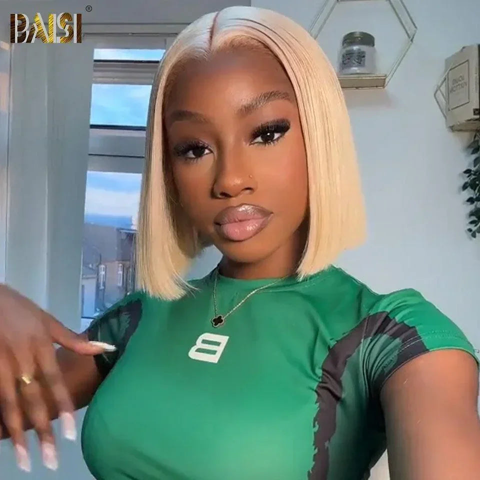 Peruca bob reta BAISI 4X4 em loiro # 613 pré-arrancado, sem necessidade de cola em cabelo 100% cru, renda já cortada
