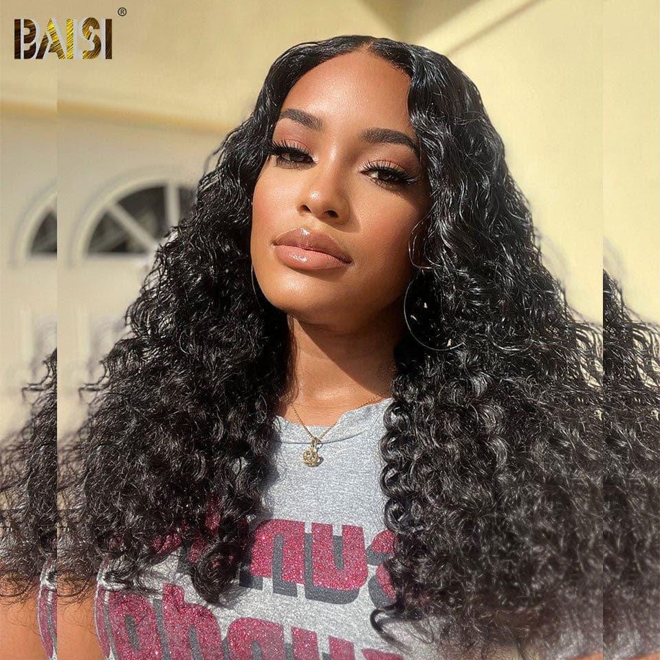 Peruca encaracolada BAISI 4x4 em renda preta sem cola já cortada fácil de usar cabelo 100% humano