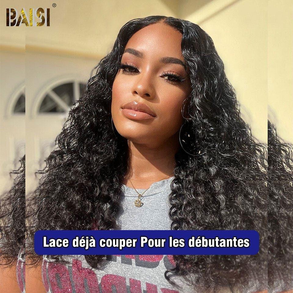 Peruca encaracolada BAISI 4x4 em renda preta sem cola já cortada fácil de usar cabelo 100% humano