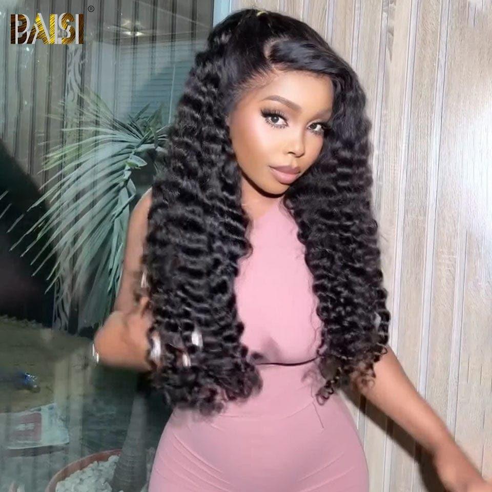 BAISI 4x4 Deep Wave Wig 18 Inch €152 in Black Glueless Lace Already Cut Easy to Wear in 100% Human Hair CODE: FR20