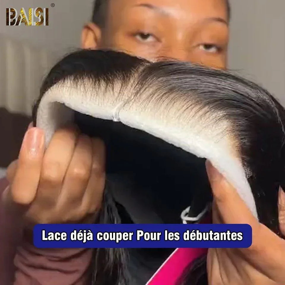 BAISI 4x4 Perruque Lisse en Noir Sans Colle Lace déjà couper Facile à Porter en 100% Cheveux Humains