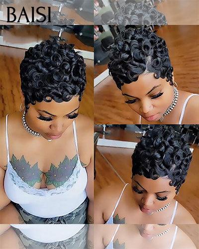 BAISI Offre Flash 38€ Perruque Pixie Finger Wave ou egg wave avec Frange Bob petite coupe fabriqué à la machine En 100% Cheveux Humains