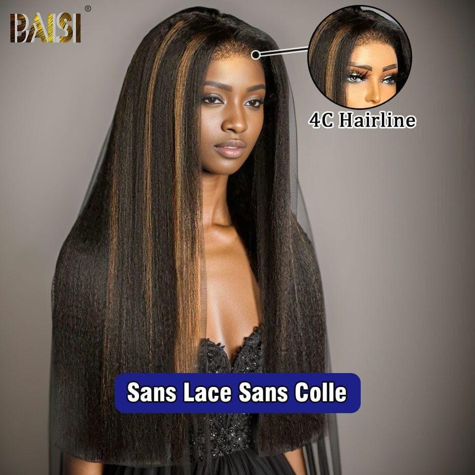 Peluca de encaje BAISI 4X6 Kinky Straight en color #1B #27 reflejos en gama alta con cabello de bebé encaje natural sin cola 100% cabello humano real 4C Hairline