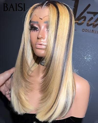 BAISI 13x4 straight bob wig in color #1B #99J highlights in 100% real human hair