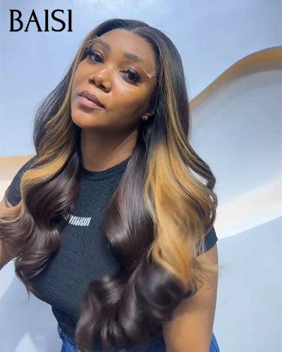 BAISI pixie wig Louise yes with lace 13X4 lace Body wave BLACK Mixed honey 22 inch 268€ or pixie without glue F-9188 100% human hair