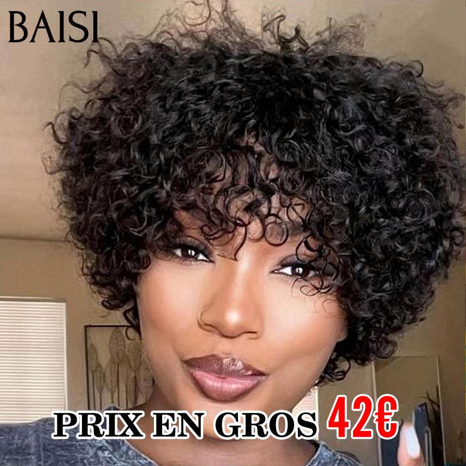 BAISI BAISI Achetez 2 perruques minimum au prix d'usine fournisseur 42€ Perruque Bob pixie curly wave avec Frange en Noir Sans Lace sans colle en 100% Cheveux Humains