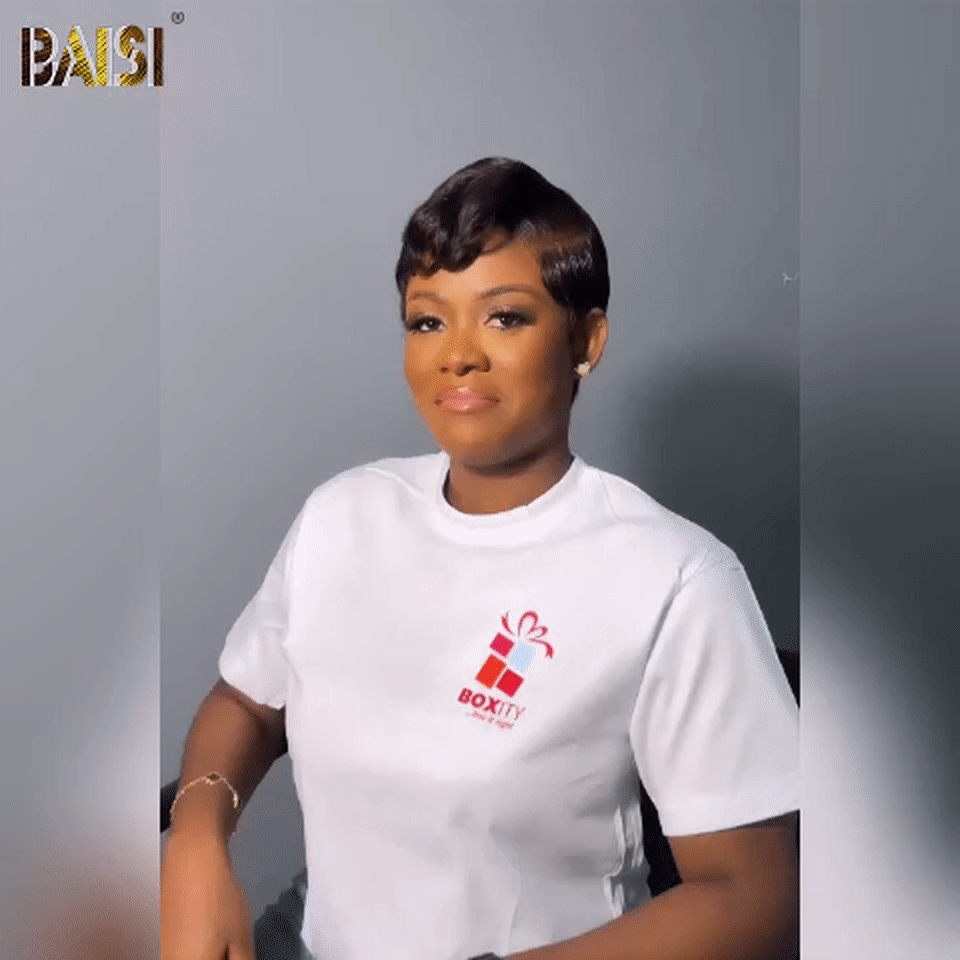 BAISI Perruque Full Lace 100% Cheveux Naturels Frontal Perruque Ondulée Coupe Pixie Perruque personnalisée Lisse noir en 100% cheveux humains