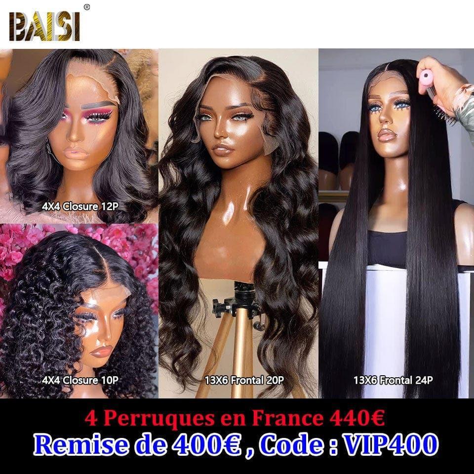 BAISI 3 Coiffures 158€ 2X6 lace 8 Pouces et 13x4 pixie 1BT4/350# et sans colle finger wave ou 4 Perruques en France pour revendre 440€ VIP400 en 100% vrais cheveux humains Réduction avec code promo