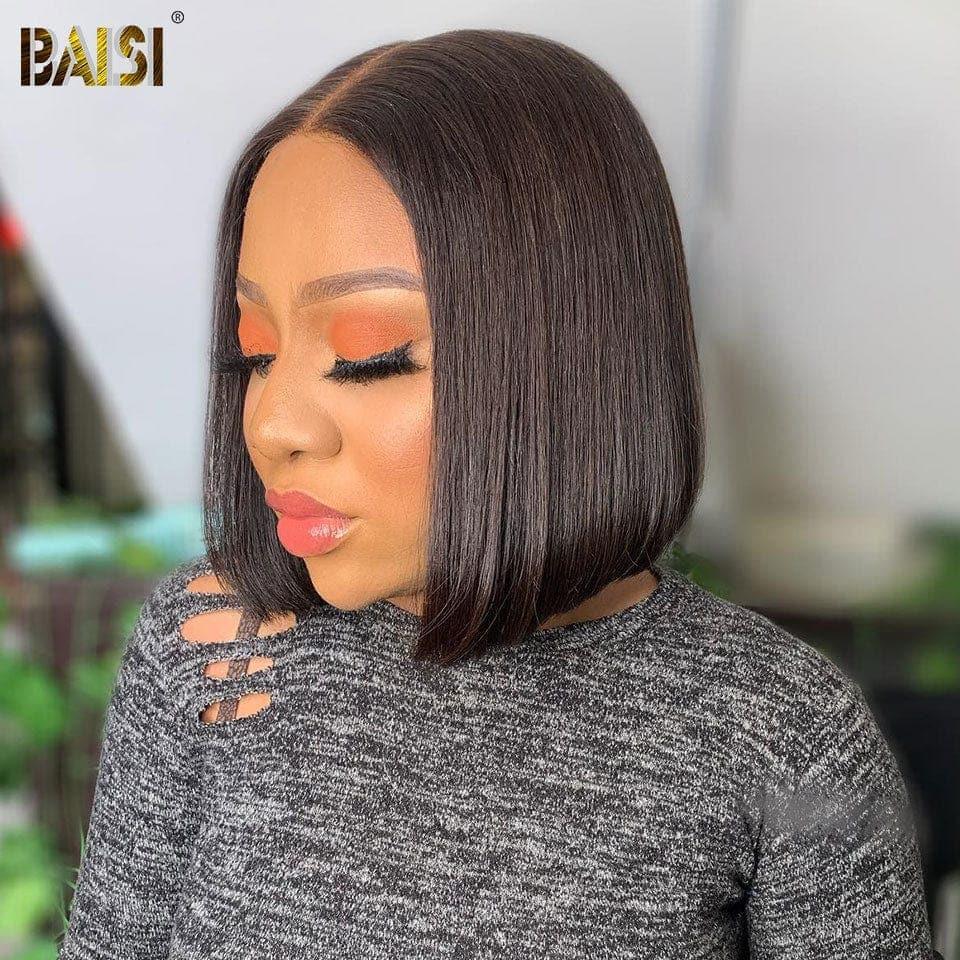 BAISI 4x4 Perruque Bob Lisse 8 Pouce en Noir en 100% Cheveux Humains D