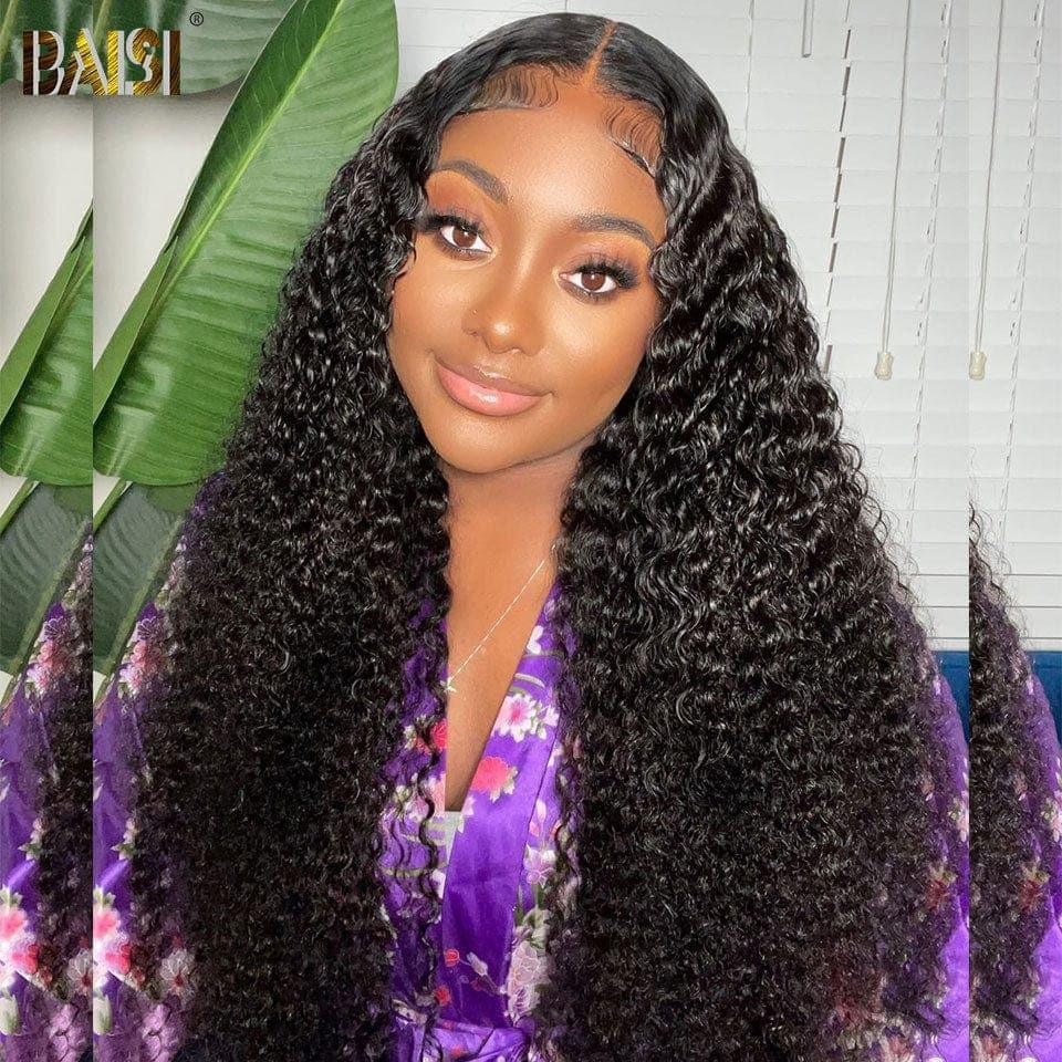 Peruca encaracolada BAISI 4x4 em renda preta sem cola já cortada fácil de usar cabelo 100% humano