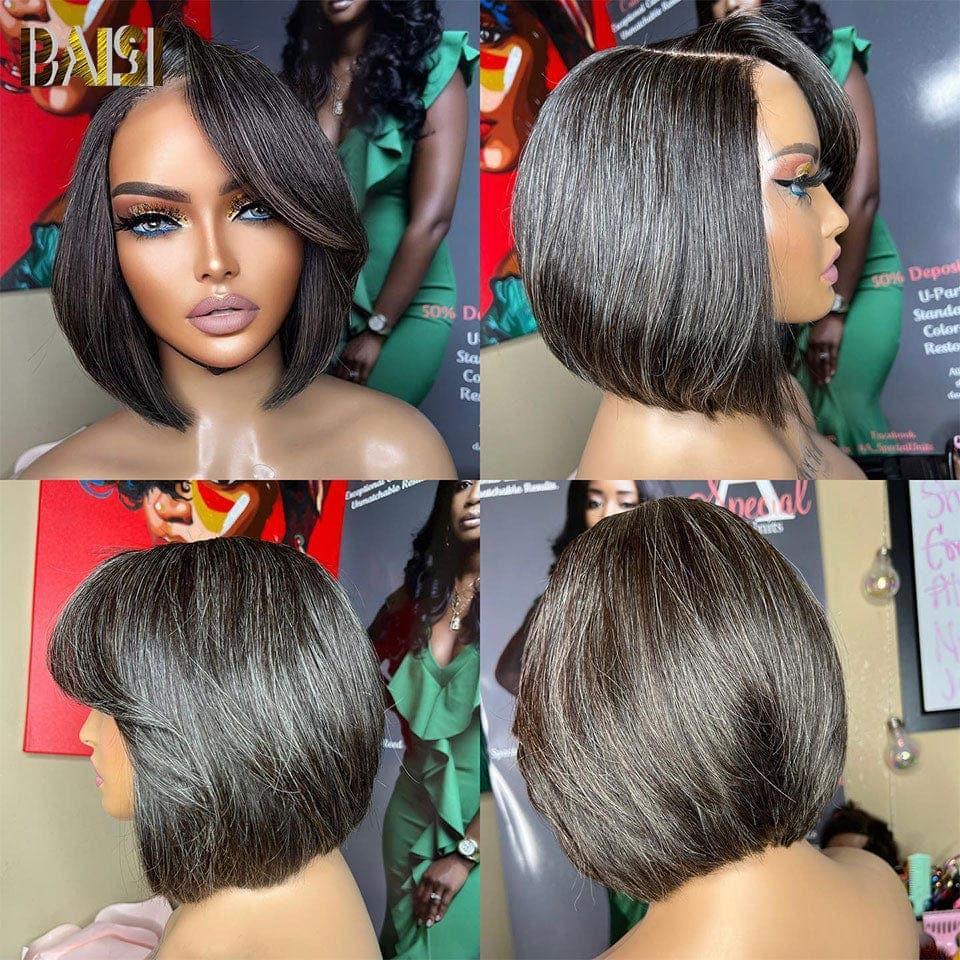 BAISI Collection Poivre et Sel 4X4 Perruque Bob Lisse coupe à la mode couleurs grise mixte 8 pouce 98€ Pré-plucked Pas Besoin de Colle en 100% Raw Hair Lace déjà couper CODE: FR20