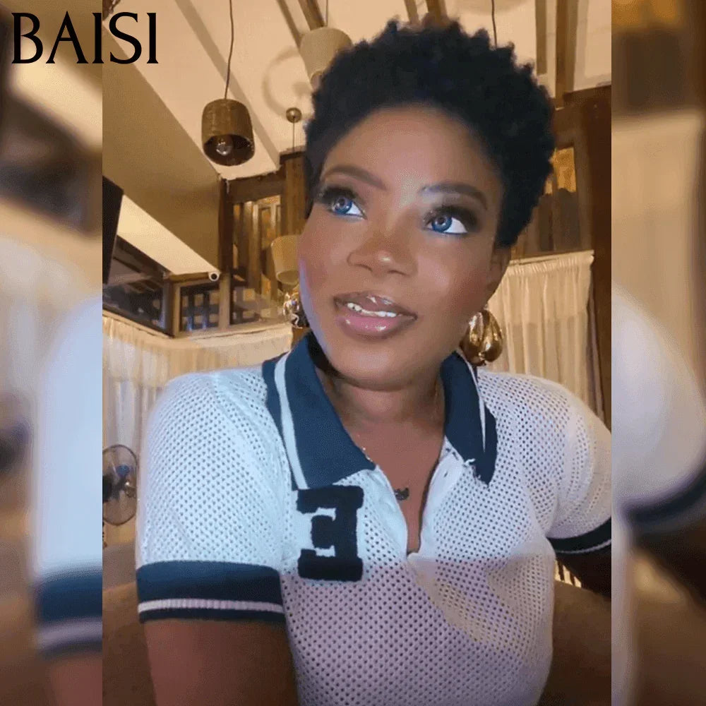 BAISI Flash-Angebot heute 65 € Pixie Afro Curl Perücke 13x4 Spitze vorne lockig ganz in Schwarz verschiedene Farben erhältlich in 100 % Echthaar F-905 FR38