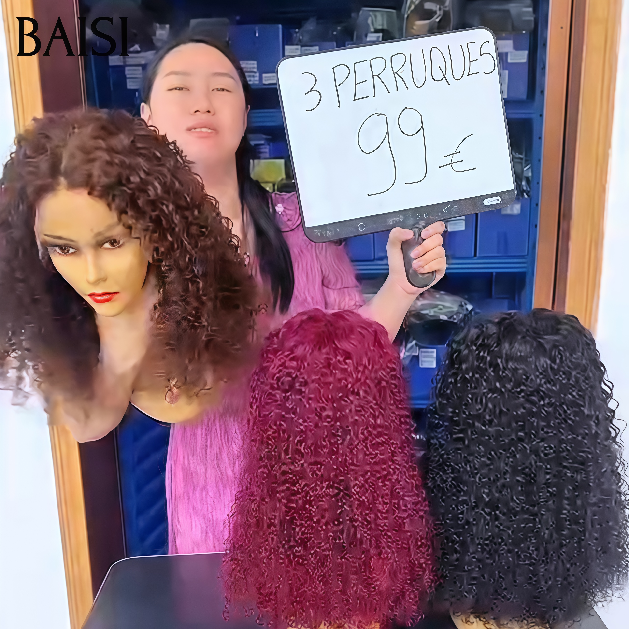 BAISI grande promotion moitié prix 3 perruques frisés 20 pouce 99€ aujourd'hui valide demain fini blended humains hair soldes sans retour