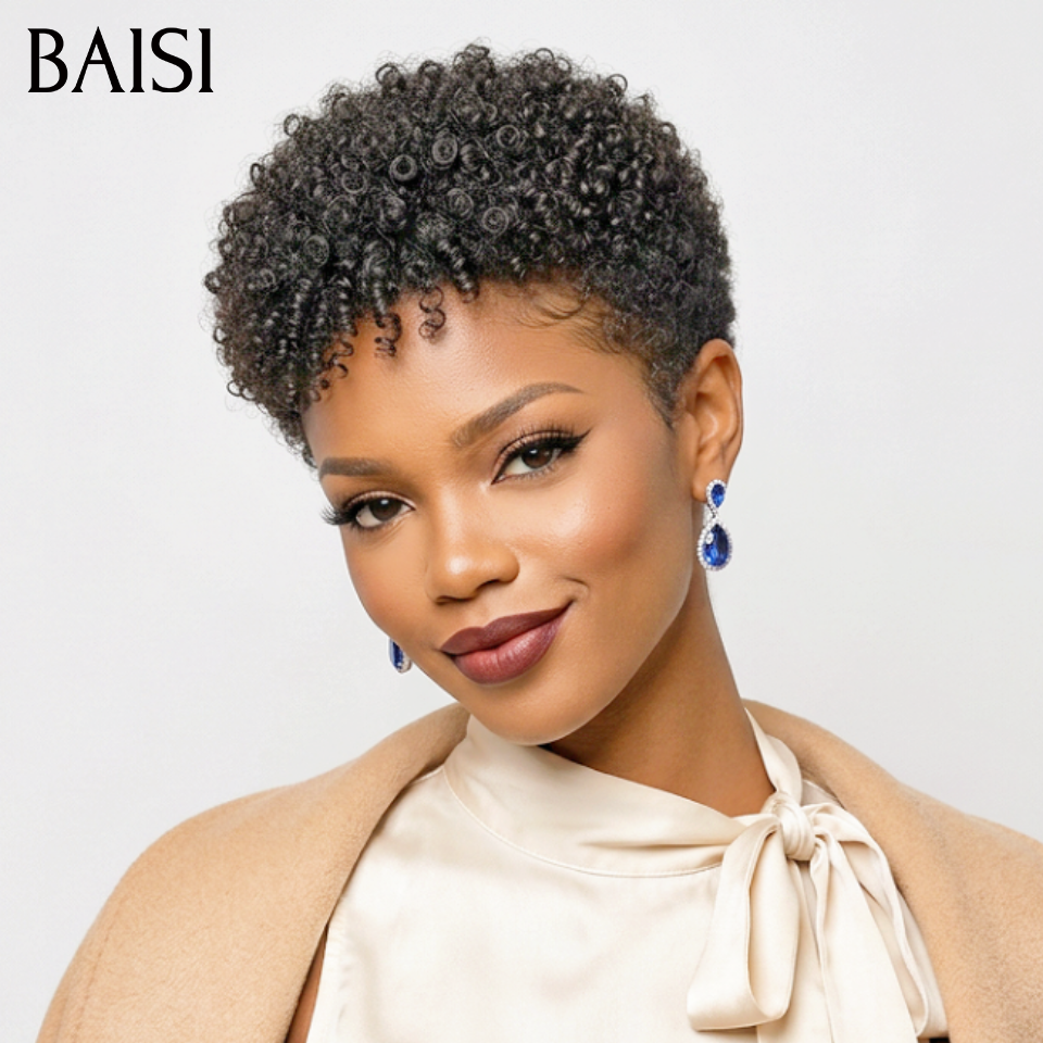 BAISI 2 perruques 69€ pixie Sans Colle Moitié prix produit Coupe 2 couleurs NOIR ou Marron en 100% Cheveux Humains
