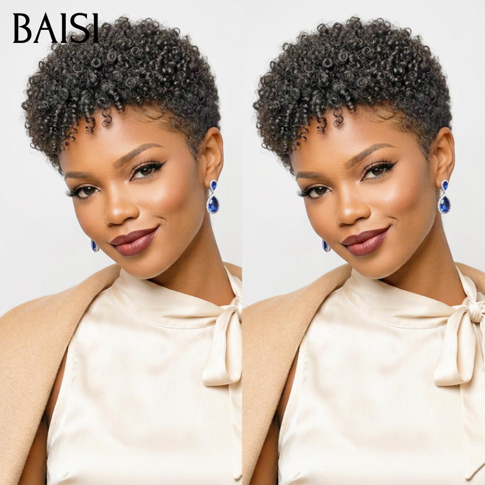 BAISI 2 perruques 69€ pixie Sans Colle Moitié prix produit Coupe 2 couleurs NOIR ou Marron en 100% Cheveux Humains