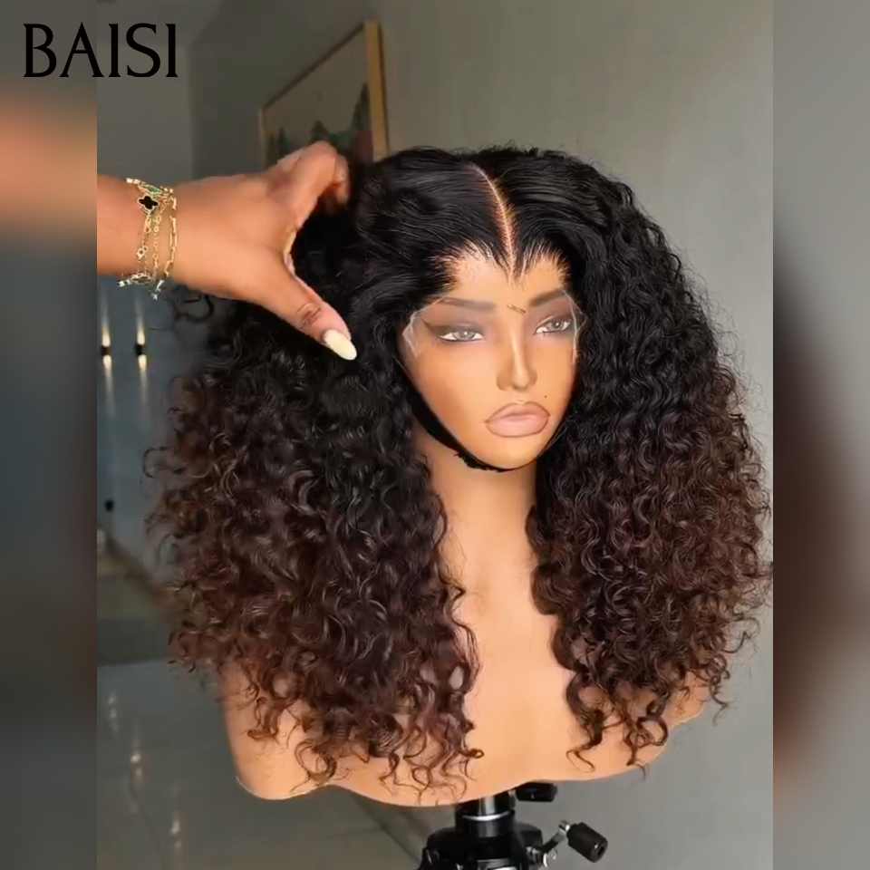 BAISI Lace frontal Perruque Curly wave Moitié Prix en couleur Marron 1BT4# en 100% Cheveux Humains MP50