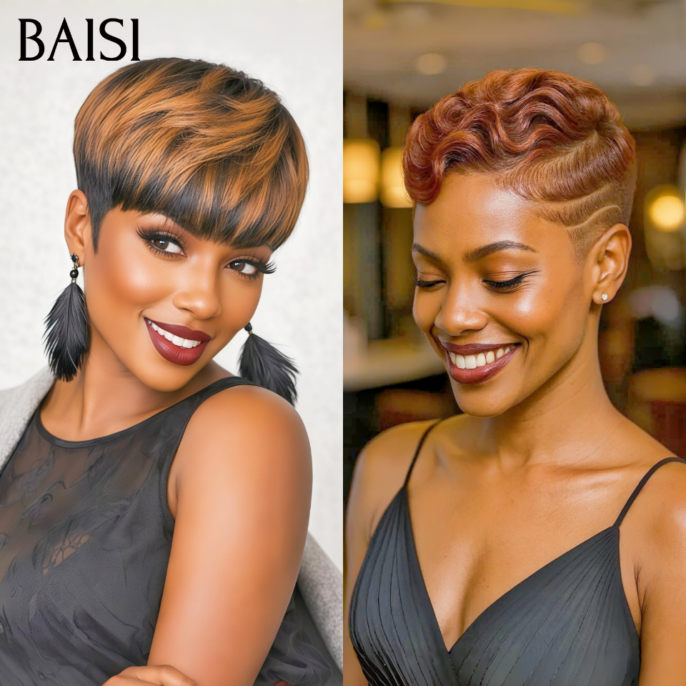 BAISI 1 acheté + 1 offert = 80€ OFFRE FLASH pixie Lisse Sans Colle Mixte Miel Fabriqué à la Machine et 13x4 Lace pixie Marron Promotion en 100% Cheveux Humain