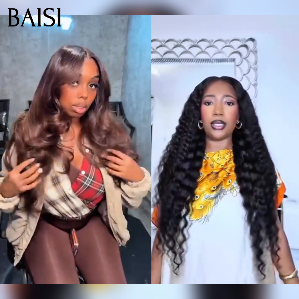 BAISI 2 Perruques 20 pouces 189€ lace frontal deep wave noir et body wave marron en 100% cheveux humains