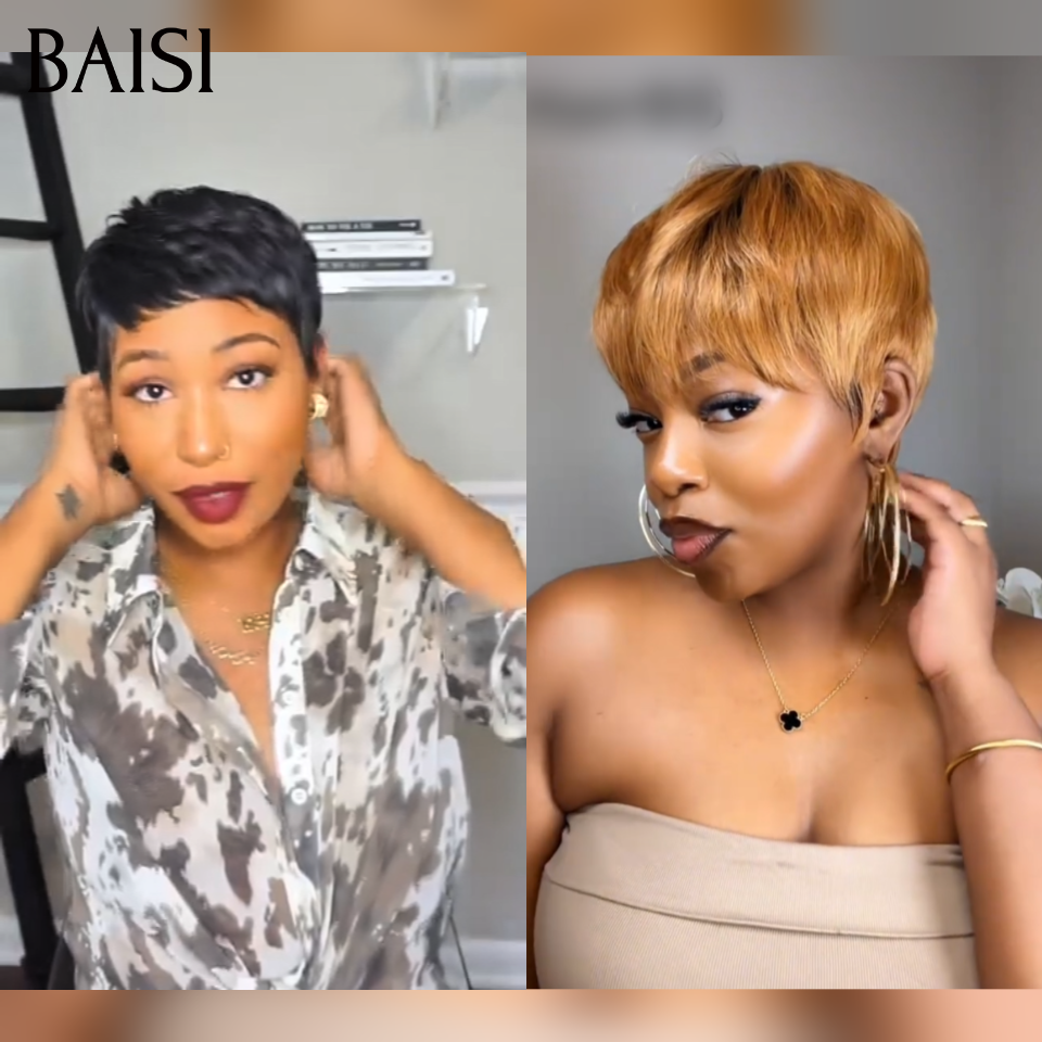 BAISI Grande Promo 2 perruques 75€ petite coupe fabriqué à la machine en couleur Miel et NOIR En 100% Cheveux Humains