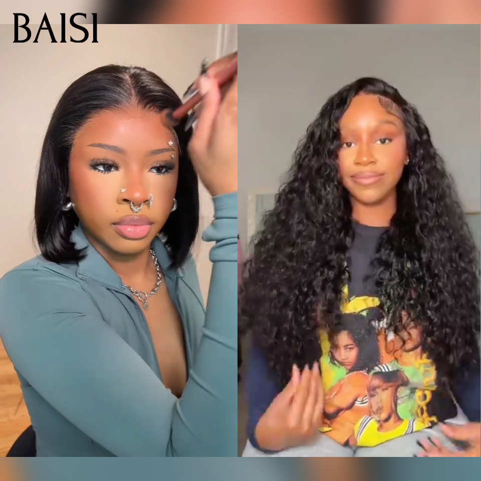 BAISI Achetez 1 + 1 Gratuite = 178€ 13x4 lace frontal curly wave 22 pouces et 4x4 lace closure lisse bob 10 pouces en 100% vrais cheveux humains