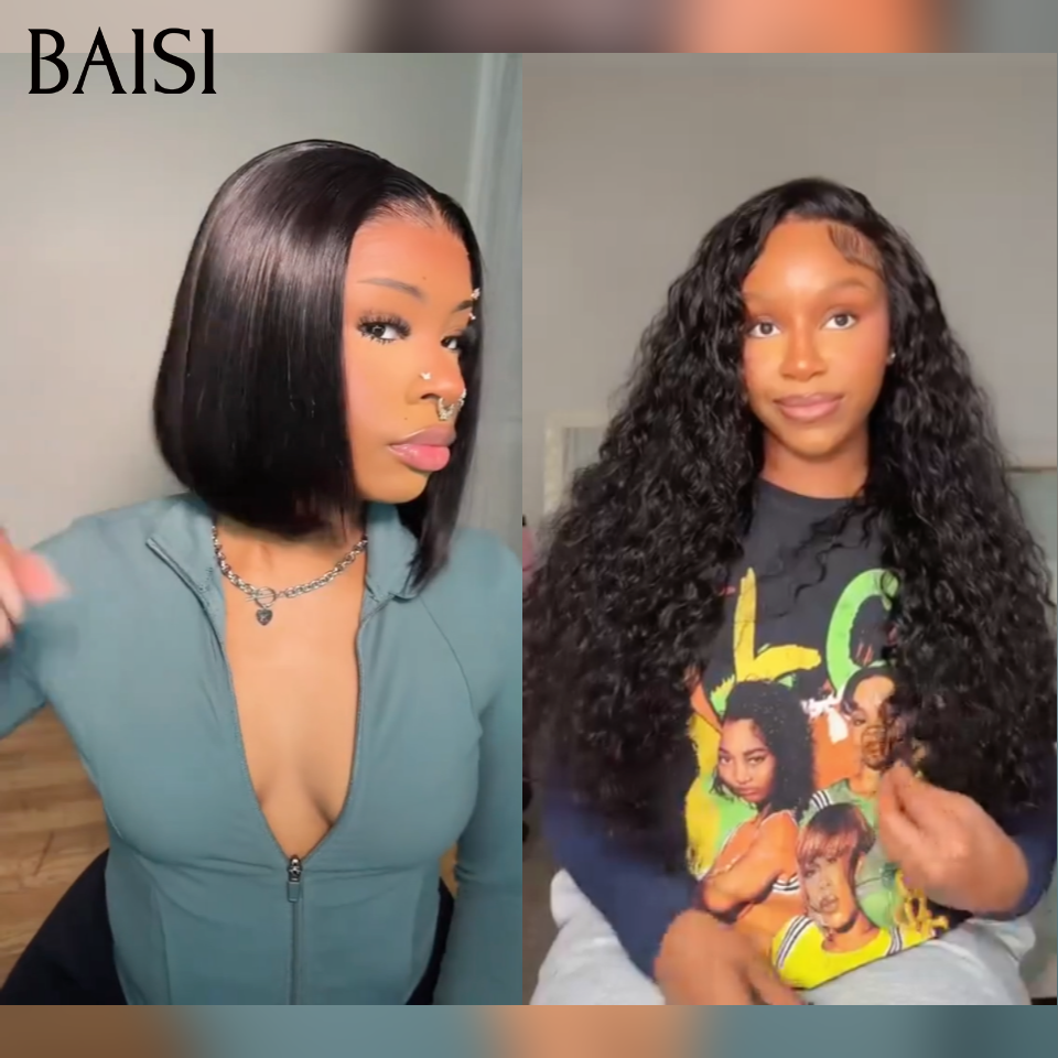 BAISI Achetez 1 + 1 Gratuite = 178€ 13x4 lace frontal curly wave 22 pouces et 4x4 lace closure lisse bob 10 pouces en 100% vrais cheveux humains
