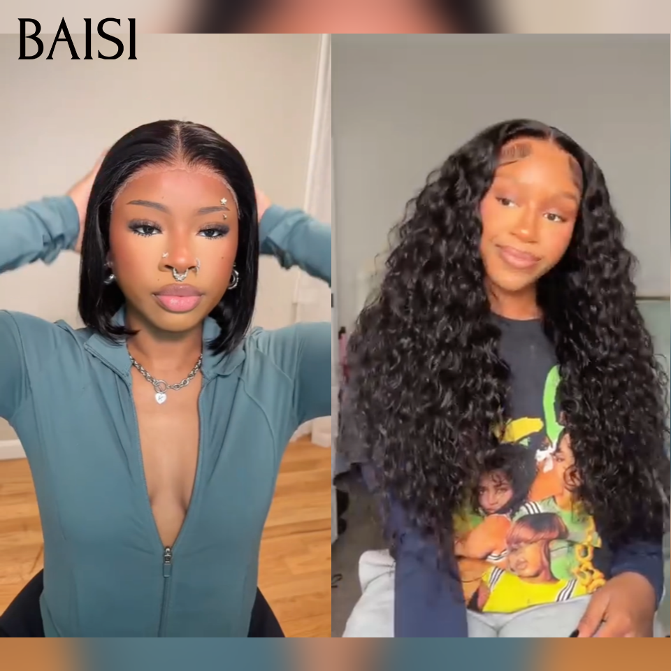 BAISI Achetez 1 + 1 Gratuite = 178€ 13x4 lace frontal curly wave 22 pouces et 4x4 lace closure lisse bob 10 pouces en 100% vrais cheveux humains