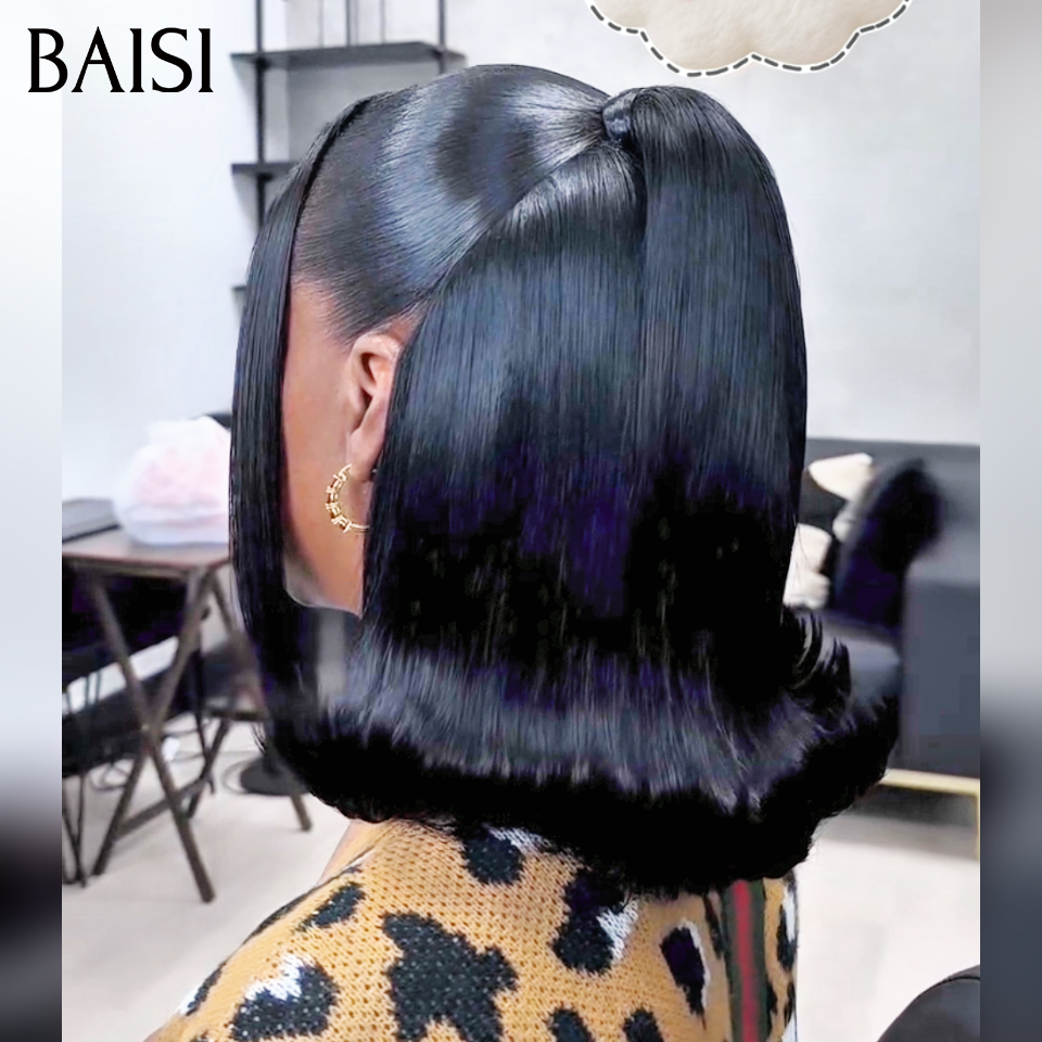 BAISI Perruque Lisse Pré-Coiffée frontal Perruque 10 pouce avec coiffure tressée natte en 100% Cheveux Humains en Garantie 20 ans