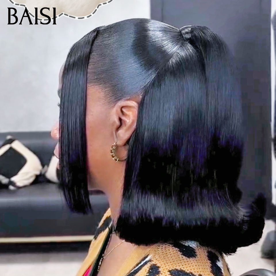 BAISI Perruque Lisse Pré-Coiffée frontal Perruque 10 pouce avec coiffure tressée natte en 100% Cheveux Humains en Garantie 20 ans