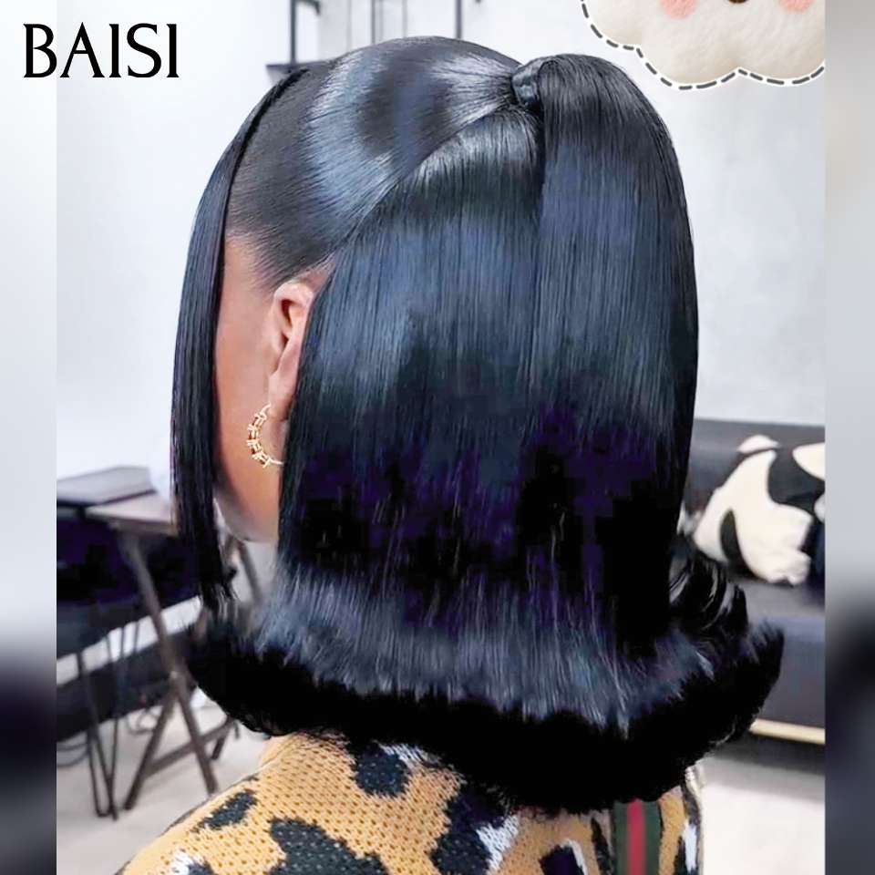 BAISI Perruque Lisse Pré-Coiffée frontal Perruque 10 pouce avec coiffure tressée natte en 100% Cheveux Humains en Garantie 20 ans