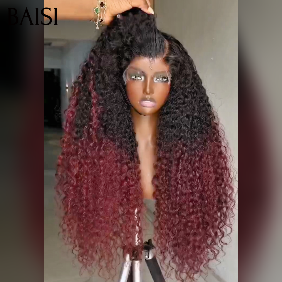 BAISI 13×4 Lace frontal Perruque Curly wave Moitié Prix en couleur Bordeaux 1BT99J# en 100% Cheveux Humains