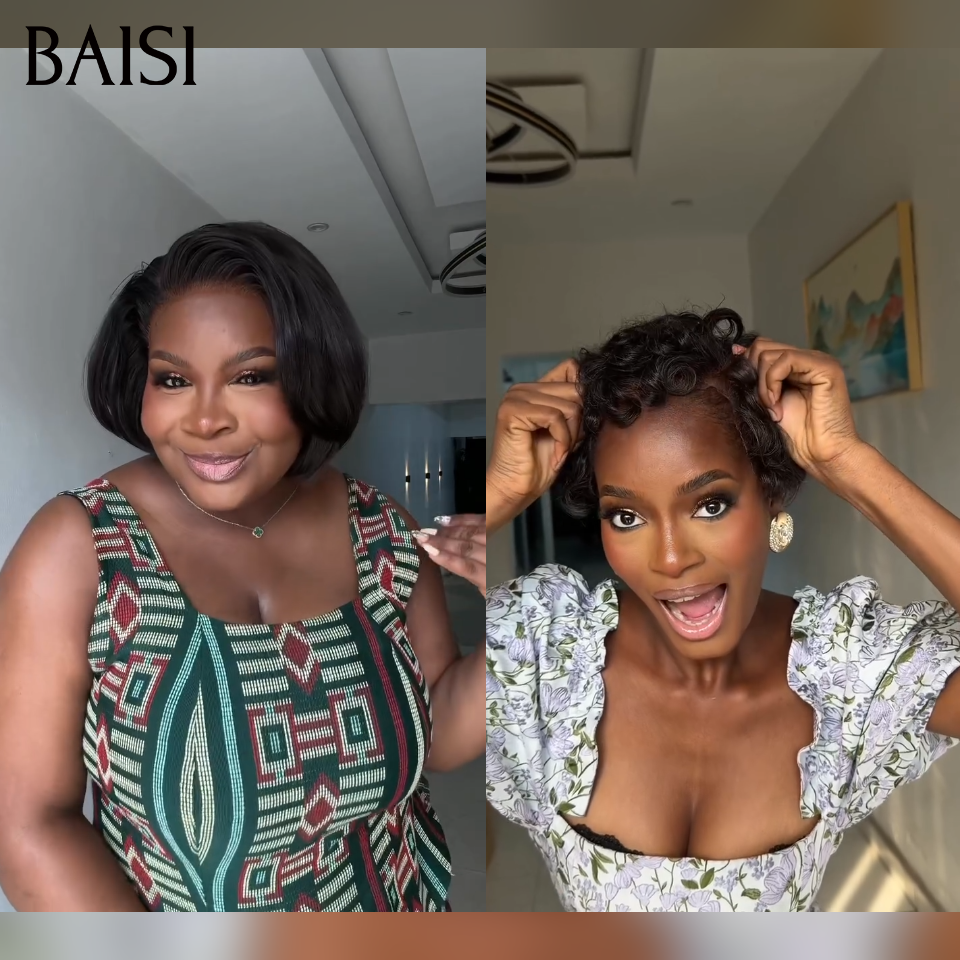 BAISI 1 Chioma 68€ + 1 BOB 0€ Pixie 13x4 Lace finger wave et Sans Colle ou 4X4 lace closure Perruque Bouclée Egg Wave 90€ Moitié Prix en couleur marron mixte orange En 100% Cheveux Humains