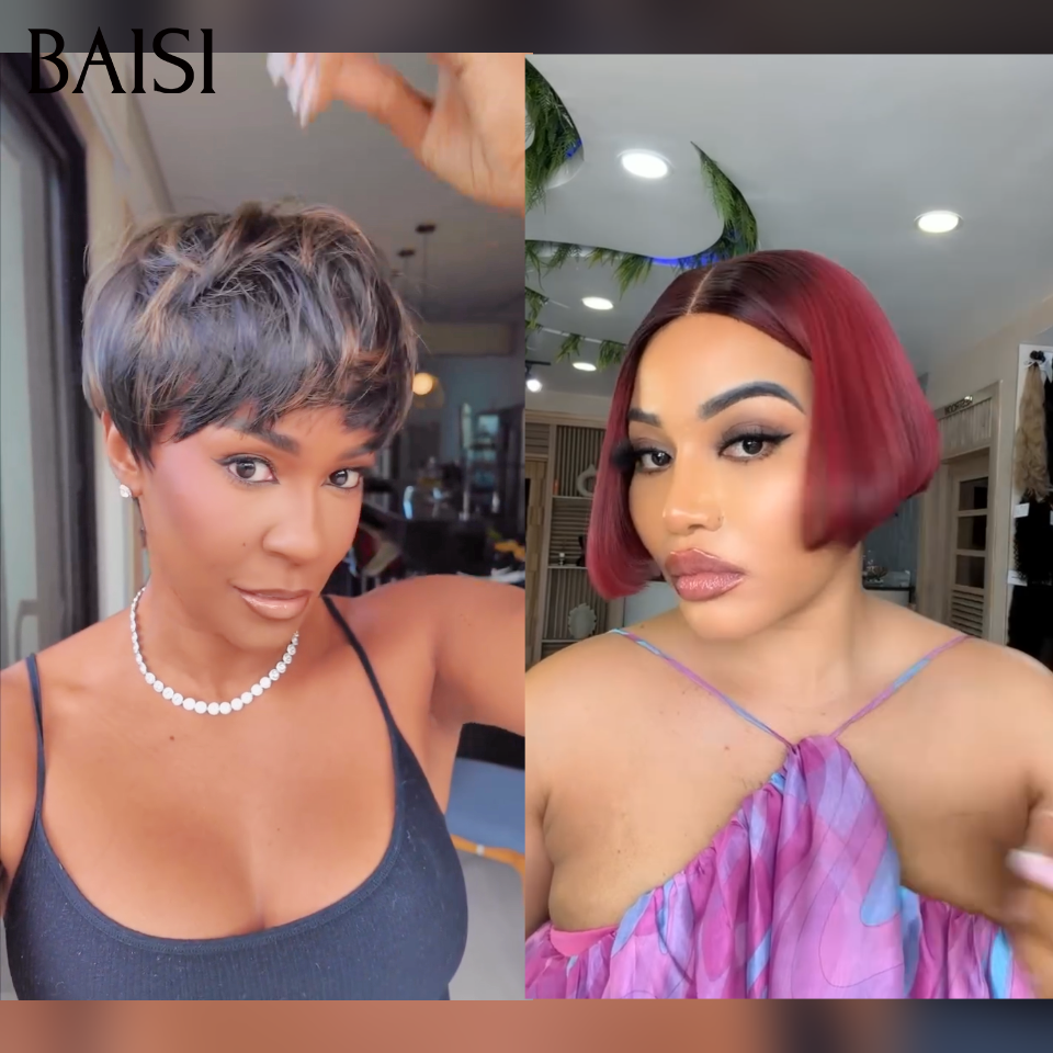 BAISI 1 Pixie 66€ + 1 Bordeaux 0€ Pixie Sans Colle et Lisse BOB blended human hair ou vente flash 8 perruques en 100% vrais cheveux humains 399 euro pixie et curly wave et Body wave