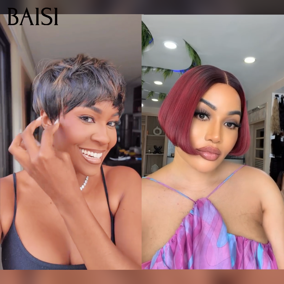 BAISI 1 Pixie 66€ + 1 Bordeaux 0€ Pixie Sans Colle et Lisse BOB blended human hair ou vente flash 8 perruques en 100% vrais cheveux humains 399 euro pixie et curly wave et Body wave