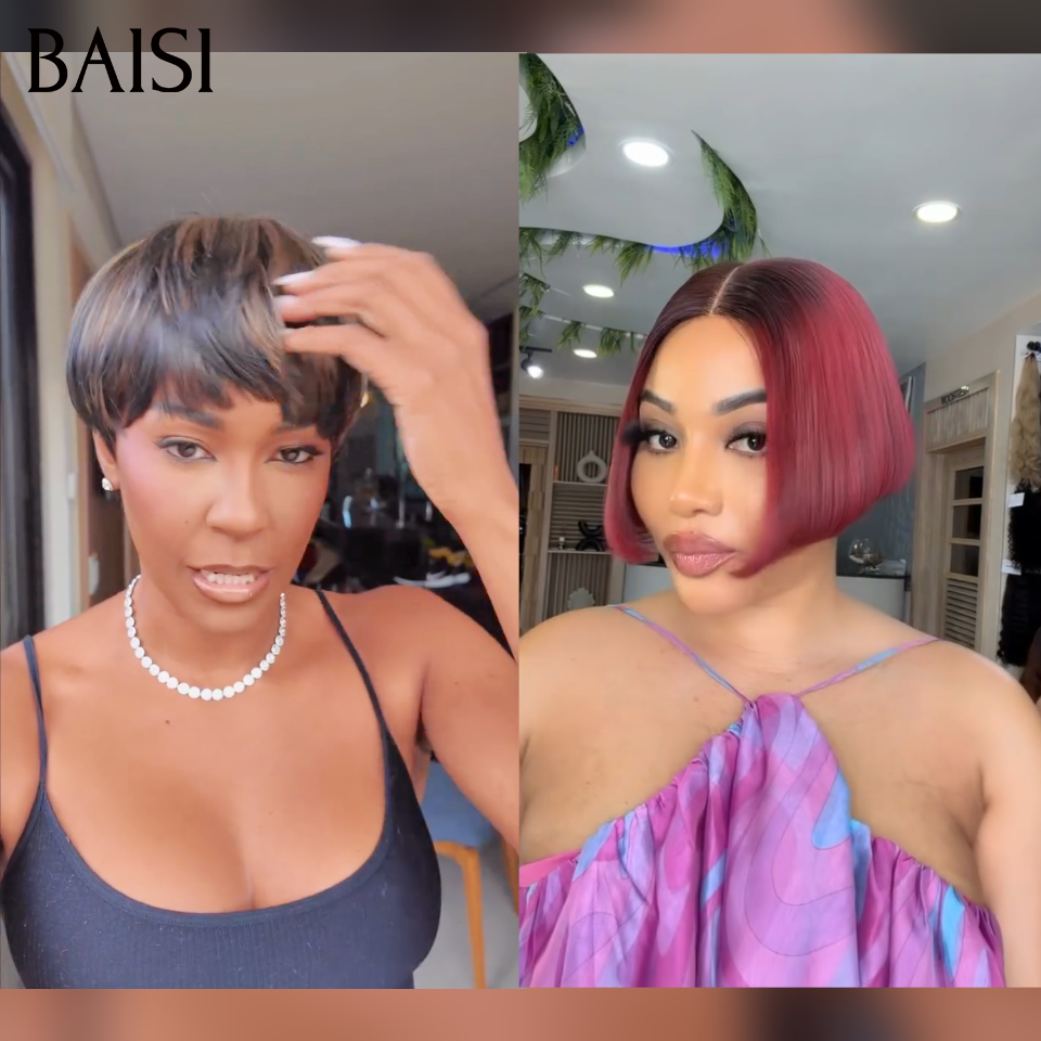 BAISI 1 Pixie 66€ + 1 Bordeaux 0€ Pixie Sans Colle et Lisse BOB blended human hair ou vente flash 8 perruques en 100% vrais cheveux humains 399 euro pixie et curly wave et Body wave